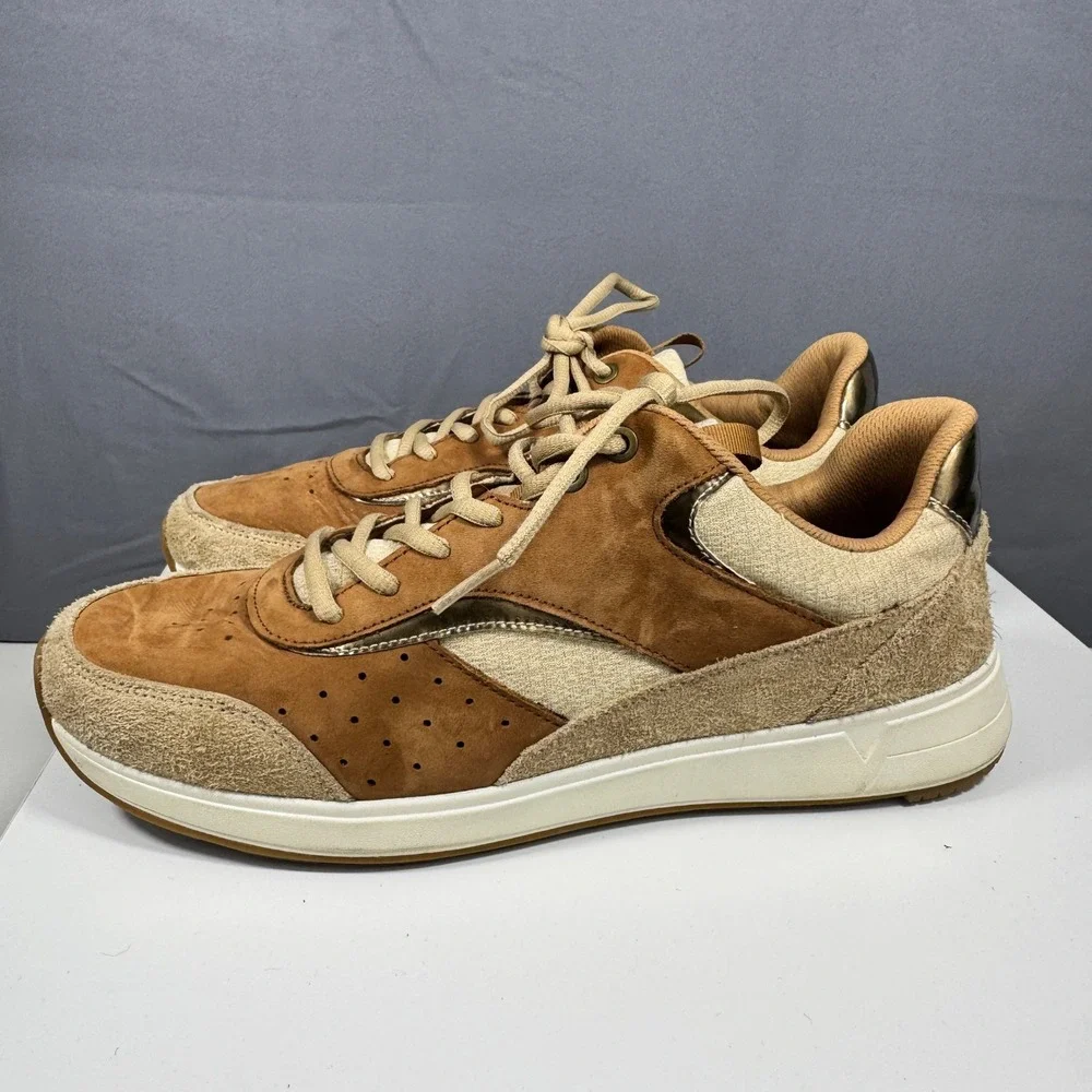 Vionic Nova Sneakers Mens 12 Tan Brown Suede Metallic Orthotic Walking Shoes